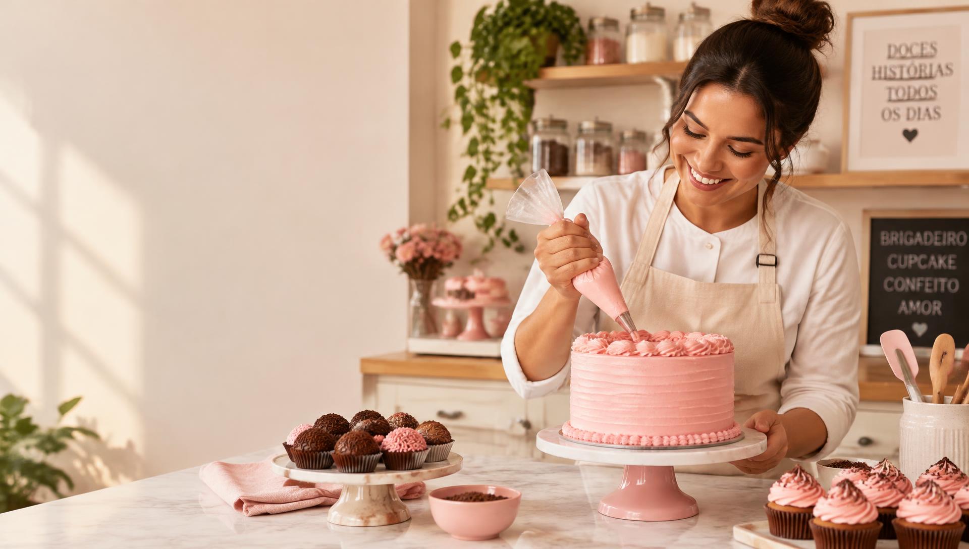 Confeiteira decorando um bolo rosa